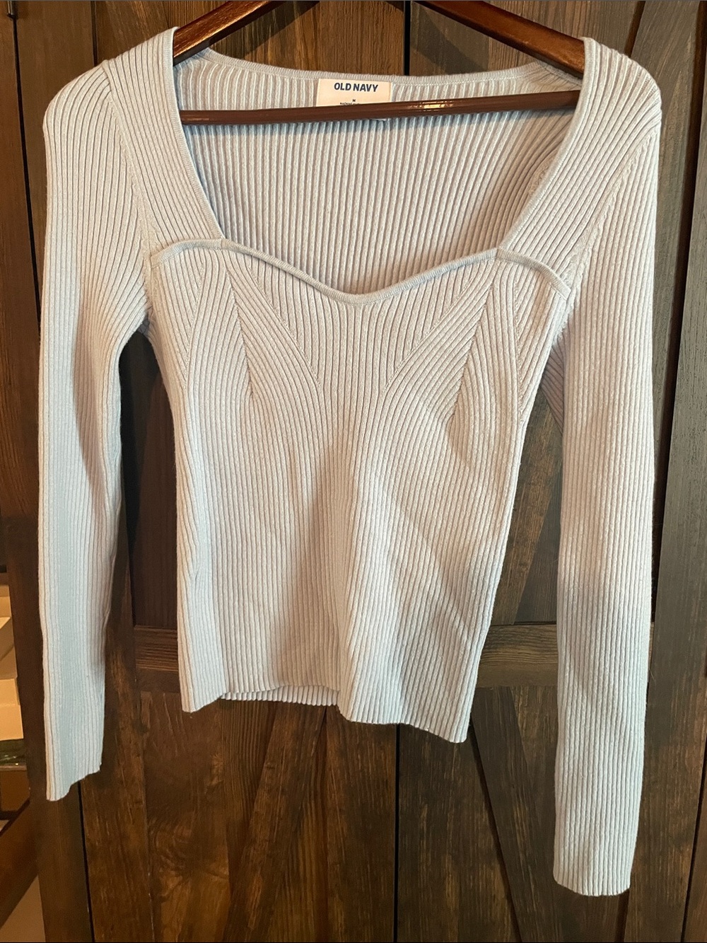 Old Navy Women's Light Gray Ribbed Sweetheart Long Sleeve Top